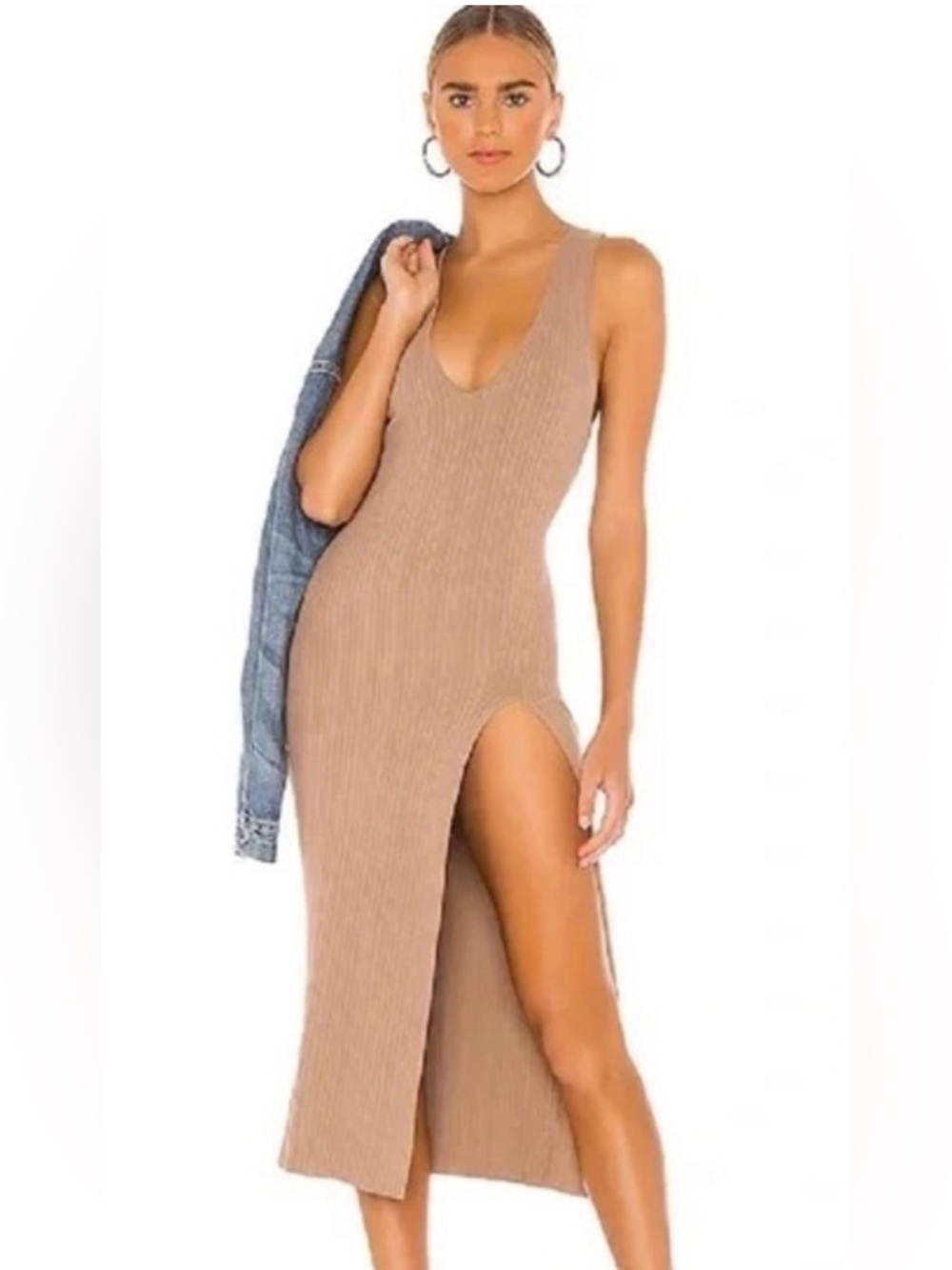 Michael Costello X Revolve Variegated Rib Bodycon Dress in Taupe Small